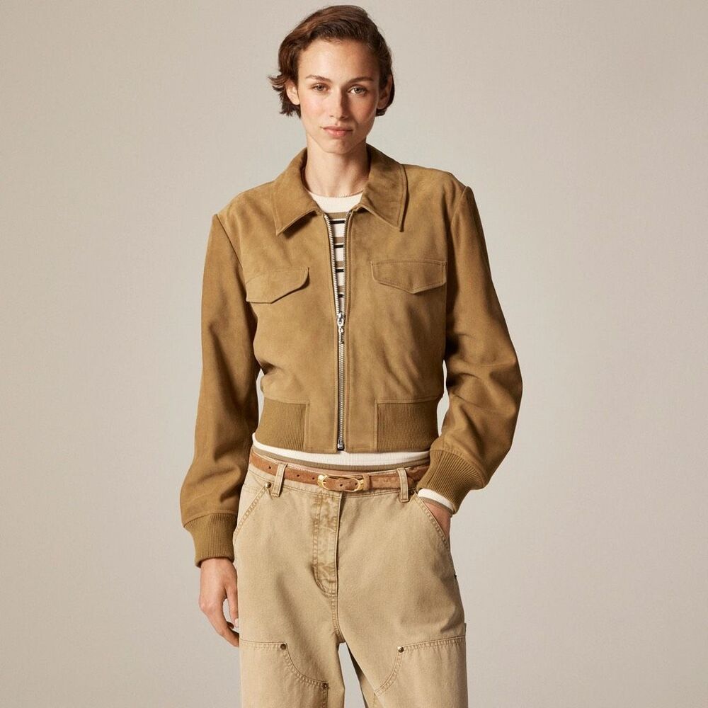 90s Bintage Liz Claiborne Genuine Suede Cropped Bomber Jacket Tan Size 12